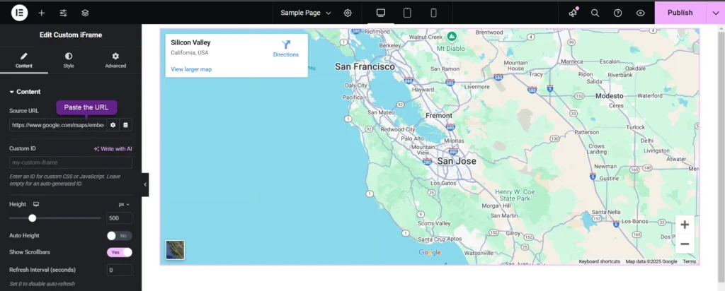 Screenshot of the Elementor editing page showing how to Embed Google Map in Elementor, with options for source URL, height settings, scrollbar controls, and a live preview.