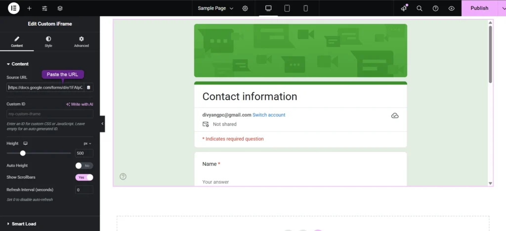 Interface screenshot demonstrating how to embed Google Form in Elementor, showing customization options like source URL input, height settings, scrollbar controls, and a preview of Google Sheet in Elementor Editing page.