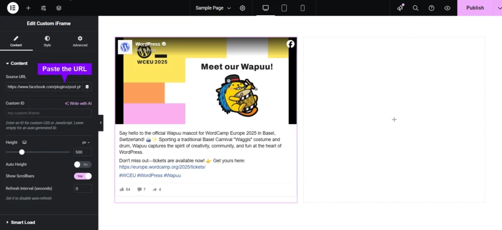 Interface screenshot demonstrating how to embed Facebook post in Elementor, showing customization options like source URL input, height settings, scrollbar controls, and a preview of Google Sheet in Elementor Editing page.