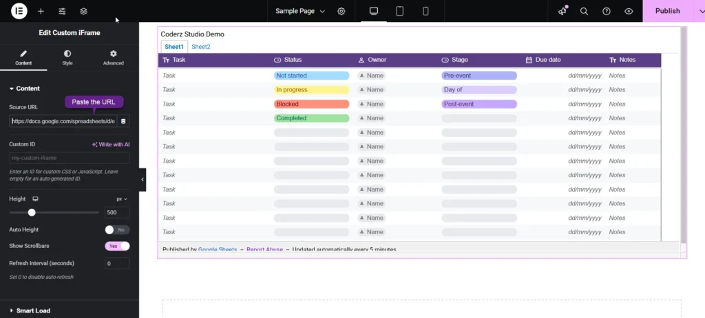 Interface screenshot demonstrating how to embed Google Sheet in Elementor, showing customization options like source URL input, height settings, scrollbar controls, and a preview of Google Sheet in Elementor Editing page.