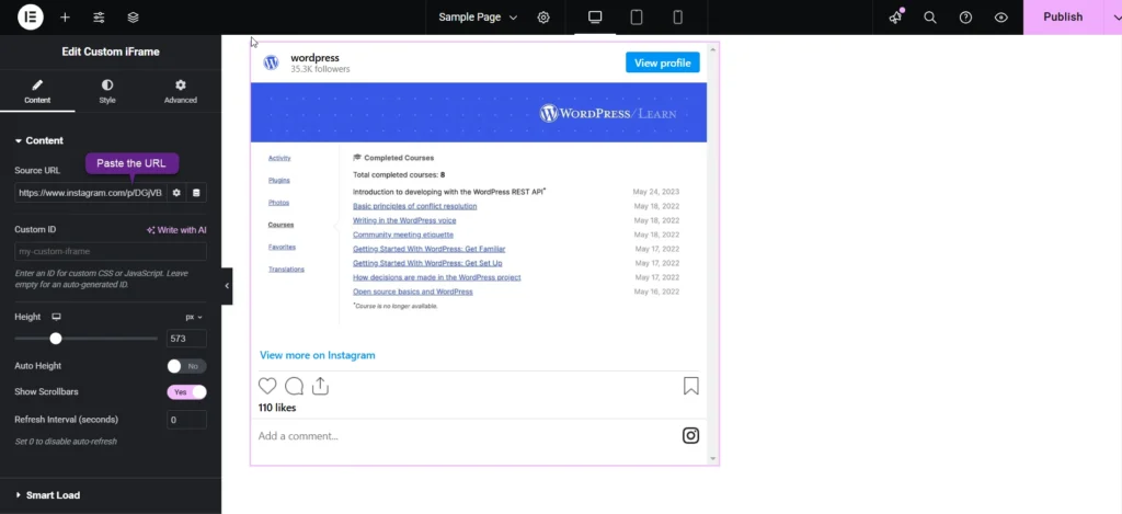 Interface screenshot demonstrating how to embed Instagram post in Elementor, showing customization options like source URL input, height settings, scrollbar controls, and a preview of WordPress-related Insta post including 33.5K followers and course listings.