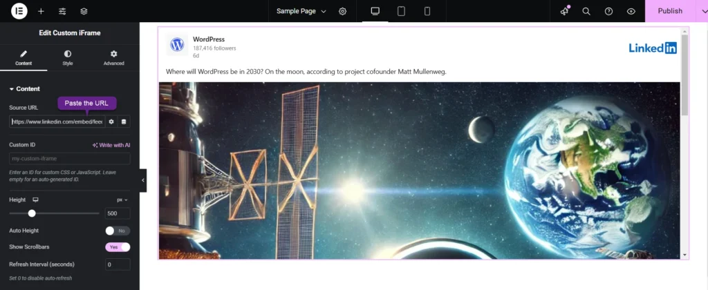 Screenshot of the Elementor editing page showing how to Embed LinkedIn Post In Elementor, with options for source URL, height settings, scrollbar controls, and a live preview.