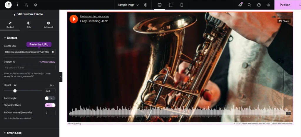 Interface screenshot demonstrating how to embed SoundCloud in Elementor, showing customization options like source URL input, height settings, scrollbar controls, and a preview of SoundCloud audio in Elementor Editing page.