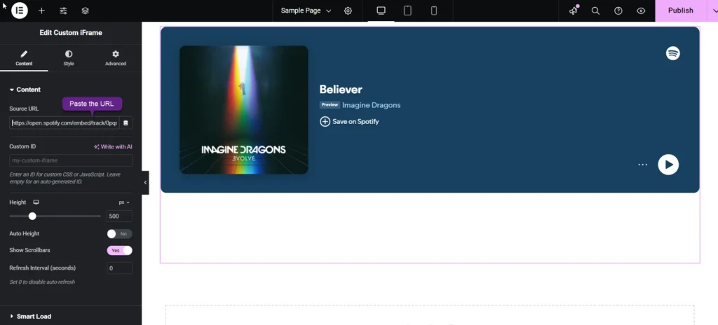 Screenshot of the Elementor editing page showing how to Embed Spotify Audio in Elementor, with options for source URL, height settings, scrollbar controls, and a live preview.