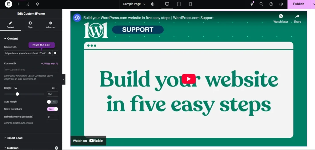 Screenshot of the Elementor editing page showing how to embed YouTube video in Elementor, with options for source URL, height settings, scrollbar controls, and a live preview.