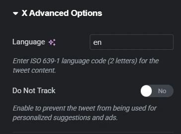 The image displays the X Advanced Options panel in the Elementor interface for the Custom iFrame Pro plugin, tailored for embedding tweets. It includes two settings: a "Language" input field with the value "en", instructing users to enter a two-letter ISO 639-1 code to set the tweet language, and a "Do Not Track" toggle set to "No", allowing personalization and tracking features by default. These options enable users to fine-tune tweet display behavior and privacy settings when embedding content in Elementor.