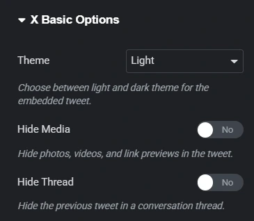 The image shows the "X Basic Options" settings panel in the Elementor interface for configuring embedded tweets using the Custom iFrame Pro plugin. The Theme option is set to "Light", ensuring a clean appearance. Two toggles labeled "Hide Media" and "Hide Thread" are both set to "No," meaning the tweet will display all attached media and maintain the conversation context. These settings allow users to embed tweets with full visual and contextual content directly into Elementor designs.