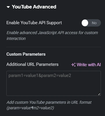 Custom iFrame for Elementor Plugin interface highlighting YouTube Advanced settings. Displays an inactive toggle switch for “Enable YouTube API Support” and a text field under “Custom Parameters” labeled “Additional URL Parameters,” with an example format: param1=value1&param2=value2. Includes a note instructing users to input YouTube parameters in proper URL syntax. Provides advanced customization for embedded YouTube video behavior on Elementor websites.