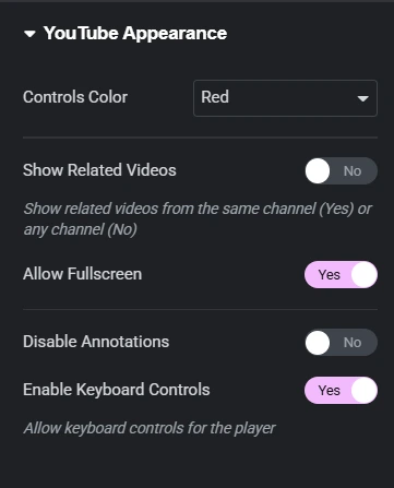 Custom iFrame for Elementor Plugin interface displaying YouTube Appearance settings. Includes dropdown menu for Controls Color (set to Red), and toggle switches for showing related videos (disabled), allowing fullscreen (enabled), disabling annotations (disabled), and enabling keyboard controls (enabled). Helps fine-tune YouTube player aesthetics and functionality for embedded videos in Elementor-based websites.
