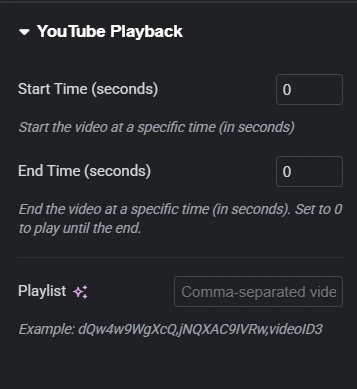 Custom iFrame for Elementor Plugin interface showing YouTube Playback settings. Features include fields for specifying video Start Time and End Time in seconds, both defaulting to 0, and a Playlist input with example video IDs. Designed to fine-tune YouTube embed behavior for tailored playback experiences in Elementor websites.