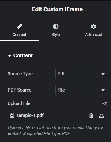 The image displays the "Edit Custom iFrame" settings in Elementor, configured to add downloadable PDF in Elementor. The Content tab is selected, showing options for the Source Type set to "PDF" and the PDF Source set to "File." A file named "sample-1.pdf" has been uploaded, with a description below stating, "Upload a file or pick one from your media library for embed. Supported File Type: PDF." These settings streamline the integration and display of downloadable PDFs within Elementor designs.