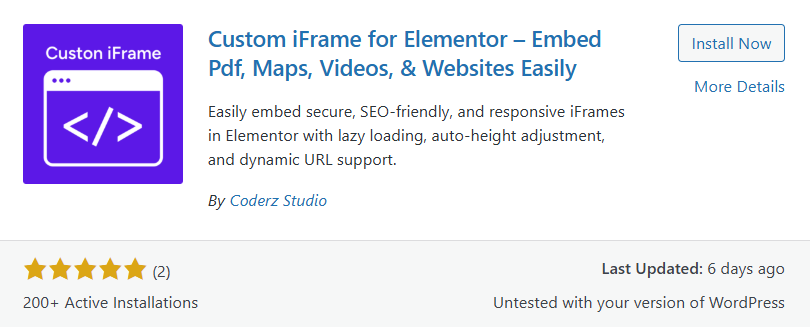 The image showcases the WordPress plugin listing for "Custom iFrame for Elementor," designed to embed PDFs, maps, videos, and websites within Elementor pages. The listing highlights features such as lazy loading, auto-height adjustment, dynamic URL support, and SEO-friendly functionality. Additional details include over 200 active installations, a 5-star rating from user reviews, and a prominent "Install Now" button. These features underscore the plugin's utility in enhancing web designs with seamless integration options.