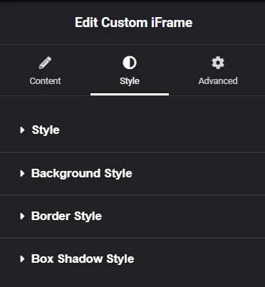 The image showcases the "Style" tab within the "Custom iFrame" settings in Elementor. This section offers comprehensive styling options, such as "Style," "Background Style," "Border Style," and "Box Shadow Style," presented as expandable panels. These features allow users to refine the visual presentation of embedded iframe in Elementor with ease and flexibility.