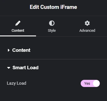 The image displays the Elementor editor interface used for the Custom iFrame plugin. The editor includes three main tabs: Content, Style, and Advanced. The selected tab, Content, shows a section labeled "Smart Load," featuring a "Lazy Load" option set to "Yes." The interface is tailored to Embed PDF in Elementor.