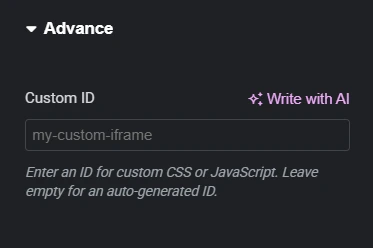 The image displays the "Advanced" settings section of an interface of Custom iFrame widget in Elementor. It includes a field labeled "Custom ID" with the placeholder text "my-custom-iframe." This field allows users to assign unique IDs for CSS or JavaScript customization. A button labeled "Write with AI" accompanies the field. Below the field, a description explains, "Enter an ID for custom CSS or JavaScript. Leave empty for an auto-generated ID." These advanced options provide flexibility for embedding PDFs effectively in Elementor designs.