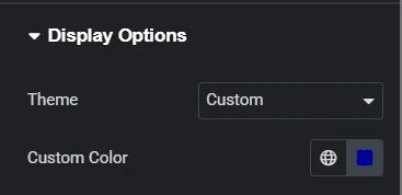 The image displays the Display Options of Custom iFrame widget within a customization interface, showcasing settings to style the downloadable PDF. Visible options include theme selection set to "Custom," a custom blue color choice, automatic zoom functionality, and tools for text selection and scrolling. These settings provide users with flexibility and control over the presentation and styling of downloadable PDFs.