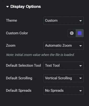 The image shows the "Display Options" section of the Elementor interface, tailored for embedding PDFs seamlessly into web pages. The settings visible include theme selection set to "Custom," a custom purple color choice, automatic zoom for initial file display, default tools like the Text Tool for selection, vertical scrolling configuration, and a no-spreads option for layout. These intuitive display options streamline the process of embedding PDFs in Elementor designs.
