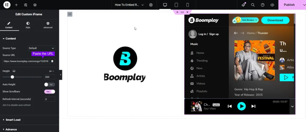 The image displays the Elementor editor interface for the Custom iFrame plugin, demonstrating how to embed Boomplay music in Elementor. The Content tab is selected, showing the Source Type dropdown set to "Default" and the Source URL field, where a Boomplay audio URL has been pasted. Below, settings for adjusting the iframe’s width, height, and aspect ratio are visible, allowing users to configure the embedded audio player. The preview window on the right provides a real-time display of the Boomplay audio interface. These settings help users seamlessly integrate and customize Boomplay audio within Elementor for an optimized listening experience.