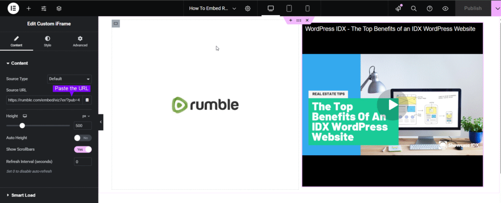 The image displays the Elementor editor interface for the Custom iFrame plugin, demonstrating how to embed Rumble video in Elementor. The Content tab is selected, showing the Source Type dropdown set to "Default" and the Source URL field, where a Rumble video URL has been pasted. Below, settings for adjusting the iframe’s width, height, and aspect ratio are visible, allowing users to configure the embedded video. This interface guides users through embedding a Rumble video efficiently within Elementor pages, ensuring seamless integration and customization.