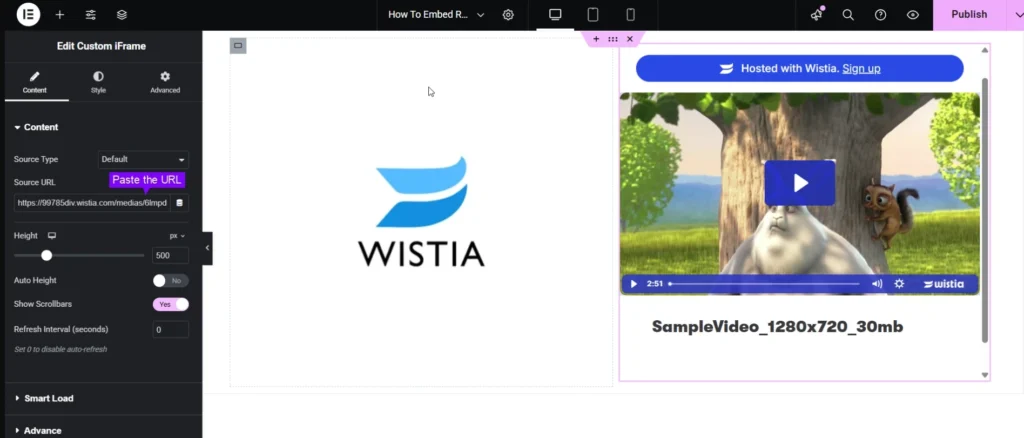 The image displays the Elementor editor interface for the Custom iFrame plugin, demonstrating how to embed Wistia video in Elementor. The Content tab is selected, showing the Source Type dropdown set to "Default" and the Source URL field, where a Wistia video URL has been pasted. Below, settings for adjusting the iframe’s width, height, and aspect ratio are visible, allowing users to configure the embedded video. The preview window on the right provides a real-time display of the Wistia video. These settings enable users to embed and customize Wistia videos within Elementor efficiently, ensuring seamless integration and accessibility.