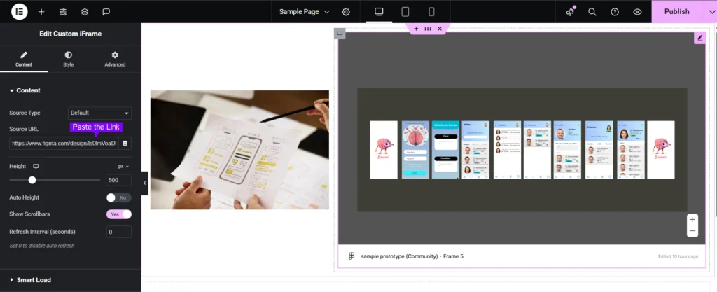 The image shows the Elementor editor interface for the Custom iFrame plugin, demonstrating how to embed Figma prototype in Elementor. On the left panel, under the Content tab, fields are shown for Source Type, Source URL—containing a Figma link—Height, Auto Height, Scrollbars, and Refresh Interval. The preview panel on the right displays a responsive Figma prototype with mobile app screens, including elements like login forms, profile cards, and navigation menus. These settings allow users to easily embed and preview live Figma prototypes within Elementor for interactive design presentations.