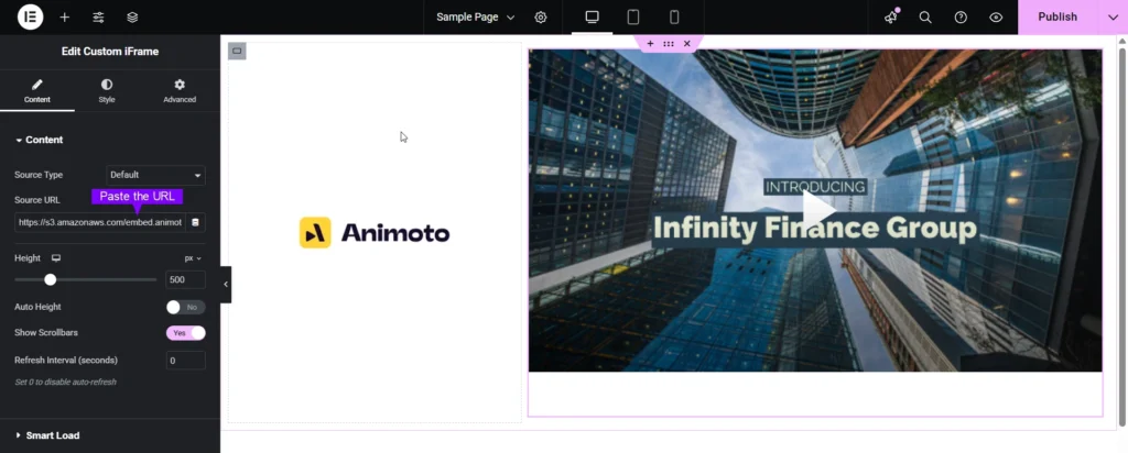 This image shows the Elementor editor being used to Embed Animoto Video with the Custom iFrame widget. On the left panel, the "Source URL" field contains an Animoto embed link hosted on Amazon S3, with options to adjust height, toggle auto height, show scrollbars, and set refresh intervals. On the right side, the preview displays an Animoto video with tall glass office buildings in the background and an overlay text introducing “Infinity Finance Group.”