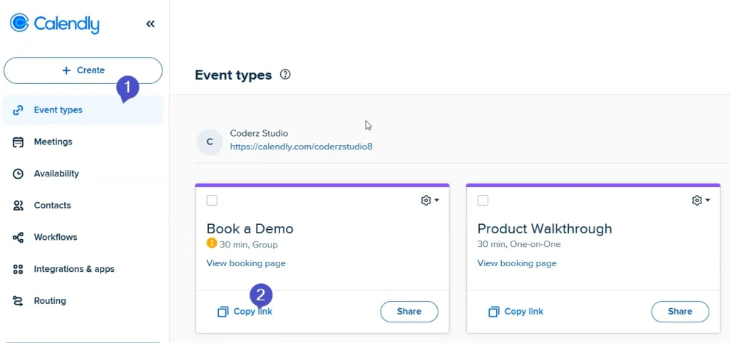This image shows the Calendly dashboard interface demonstrating how to Embed Calendly Event in Elementor. The left sidebar menu includes options like Event types, Meetings, Availability, Contacts, Workflows, Integrations & apps, and Routing. The main section displays the user profile “Coderz Studio” with a shareable booking link, along with two event cards: “Book a Demo” (30 min, Group) and “Product Walkthrough” (30 min, One-on-One). Each event card includes options to view the booking page, copy the link, or share it