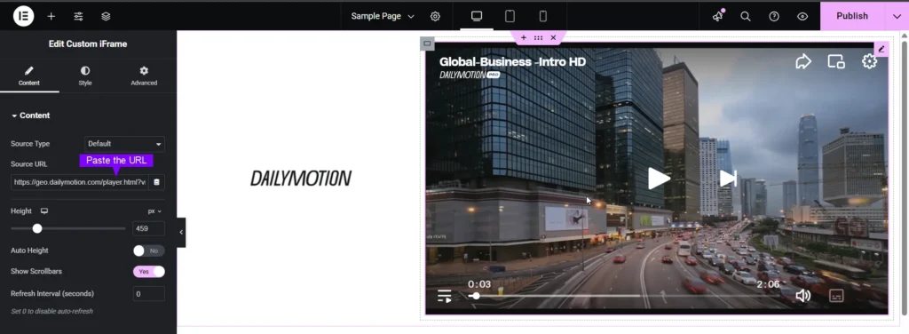 This image shows the Elementor editor demonstrating how to Embed Dailymotion Video in Elementor using the Custom iFrame widget. On the left, the Source URL field contains a Dailymotion embed link with options to adjust height, auto height, scrollbars, and refresh interval. On the right, a Dailymotion video titled “Global-Business - Intro HD” is displayed, showing tall city buildings and a busy traffic road.