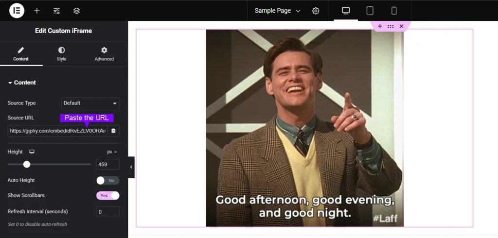 This image shows the Elementor editor interface demonstrating how to Embed GFYcat GIF in Elementor using the Custom iFrame widget. On the left panel, the Source URL from Giphy is inserted with settings to adjust height, auto height, scrollbars, and refresh intervals. On the right side, a GIF of Jim Carrey from The Truman Show appears with the caption “Good afternoon, good evening, and good night
