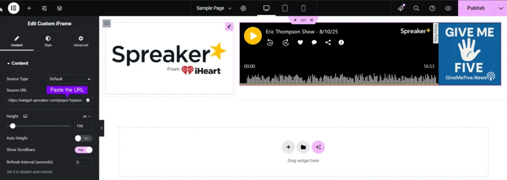 This image shows the Elementor editor being used to Embed Spreaker Audio Player with the Custom iFrame widget. On the left panel, the "Source URL" field contains a Spreaker embed link, with controls to adjust height, enable/disable auto height, show scrollbars, and set refresh intervals. On the right side, the preview displays the Spreaker audio player featuring the Eric Thompson Show – 8/10/25, with playback controls, waveform display, a runtime of 16:53, and a side banner that reads “GIVE ME FIVE – GiveMeFive.News.”