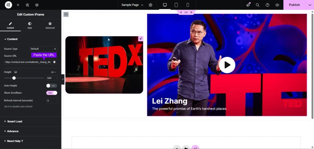 This image shows the Elementor editor interface demonstrating how to Embed TED video in Elementor using the Custom iFrame widget. The left panel allows pasting the embed URL, adjusting height, toggling auto height, and enabling scrollbars. On the right side, a TED video is embedded featuring speaker Lei Zhang with the title “The powerful promise of Earth’s harshest places,” alongside the iconic TEDx stage design.