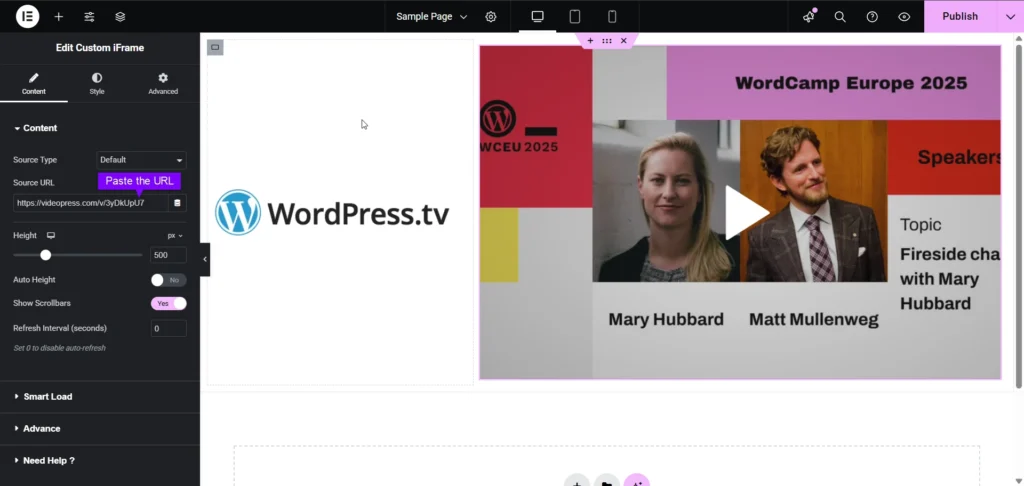 This image shows the Elementor editor being used to Embed a WordPress tv video through the Custom iFrame widget. On the left panel, the "Source URL" field has a VideoPress link pasted, with options to adjust height, toggle auto height, show scrollbars, and set refresh intervals. On the right side, the preview displays a WordCamp Europe 2025 session video featuring speakers Mary Hubbard and Matt Mullenweg, titled “Fireside chat with Mary Hubbard.”