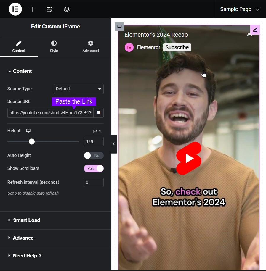 This image shows the Elementor editor interface demonstrating how to Embed YouTube Shorts in Elementor using the Custom iFrame widget. The left panel includes settings to select the source type, paste the video link, adjust height, enable or disable auto height, and toggle scrollbars. The right side displays a YouTube Shorts video titled “Elementor’s 2024 Recap,” featuring a man speaking with the on-screen caption “So, check out Elementor's 2024.