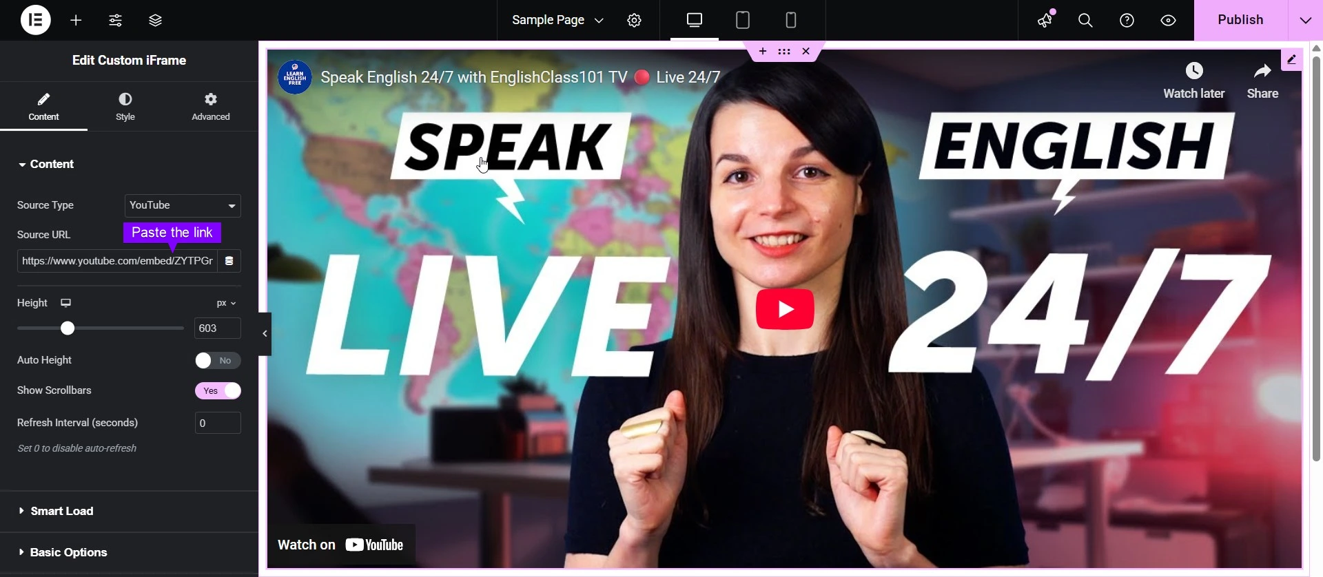 This image shows the Elementor editor interface demonstrating how to Embed YouTube Live Stream in Elementor using the Custom iFrame widget. The left panel displays options to set the source type as YouTube, paste the video link, adjust height, enable auto height, and toggle scrollbars. The right side previews a live YouTube video titled “Speak English 24/7” with a smiling presenter and large text saying “Speak English Live 24/7.