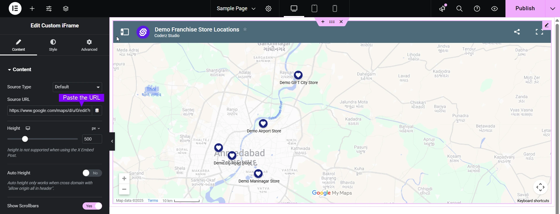 This screenshot shows how to Embed Google My Maps in Elementor using the Custom iFrame widget. The Source URL field is filled with a Google Maps custom embed link, displaying multiple demo store locations around Ahmedabad on the map. The settings panel on the left allows adjusting height, auto height toggle, and scrollbar visibility.