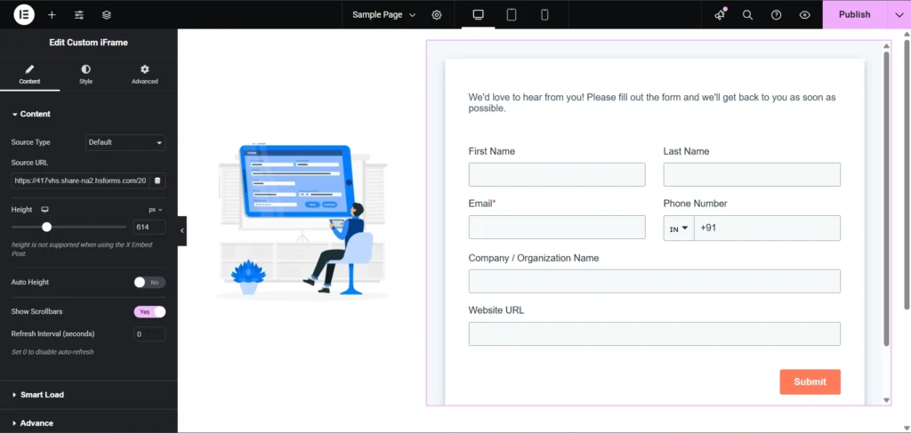 Screenshot of Elementor editor showing the Custom iFrame widget settings used to embed HubSpot form in Elementor. The highlighted Content tab on the left displays options such as Source Type set to Default, Source URL containing a HubSpot form link, height adjusted to 614 pixels, auto height toggle set to No, and scrollbars enabled with a Yes switch. Below that, smart load and advanced settings are collapsed. On the right side, the live preview shows a HubSpot contact form with fields for first name, last name, email, phone number, company name, and website URL, along with a Submit button.
