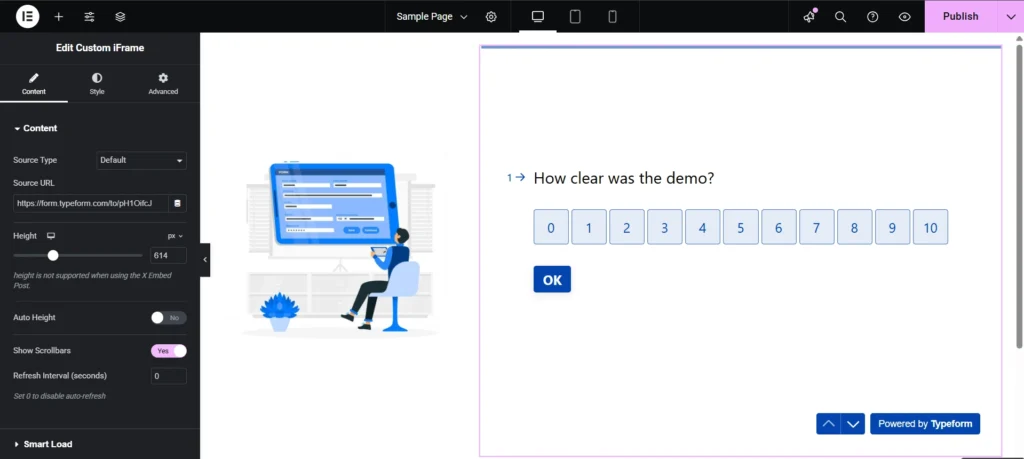 Webpage interface showing how to embed Typeform in Elementor using a custom frame widget. The left panel displays configuration options such as source URL, height settings, and toggles for scrollbars and smart load. On the right, a live preview of a Typeform survey is embedded, featuring a rating scale question and submission button.