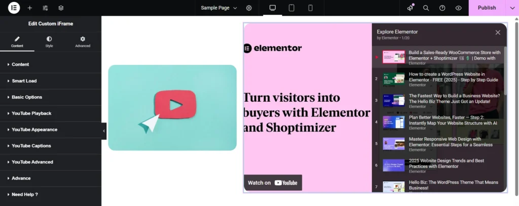 This screenshot shows how to Embed YouTube Playlist in Elementor using the Custom iFrame widget. On the right side, a YouTube playlist titled “Explore Elementor” is embedded, displaying multiple tutorial videos. On the left, Elementor’s Custom iFrame settings panel is visible with options for smart load, basic options, YouTube playback, appearance, captions, and advanced settings.