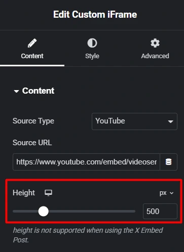 This screenshot demonstrates the Height option to Embed the Responsive iframe in Elementor. In the Elementor editor, under the Custom iFrame widget’s Content tab, the Source Type is set to YouTube with a sample embed URL. The highlighted section shows the Height setting, where users can adjust iframe height using a slider or enter a value manually (e.g., 500px).