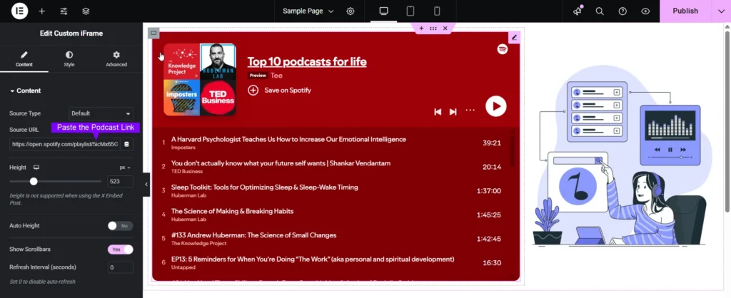 Editor view showing how to embed a Spotify playlist using the Custom iFrame widget — a step demonstrating how to Embed Podcast in Elementor by pasting the podcast link in the Source URL field and adjusting display settings.