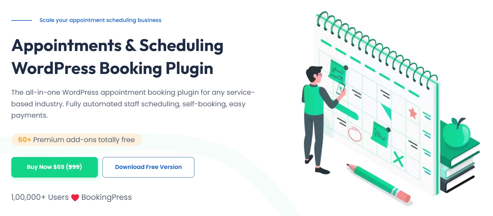 Promotional graphic for BookingPress plugin showcasing its calendar-based scheduling interface and key features like automated staff booking, self-service appointments, and payment integration—ideal for users looking to add booking calendar in WordPress for service-based businesses.