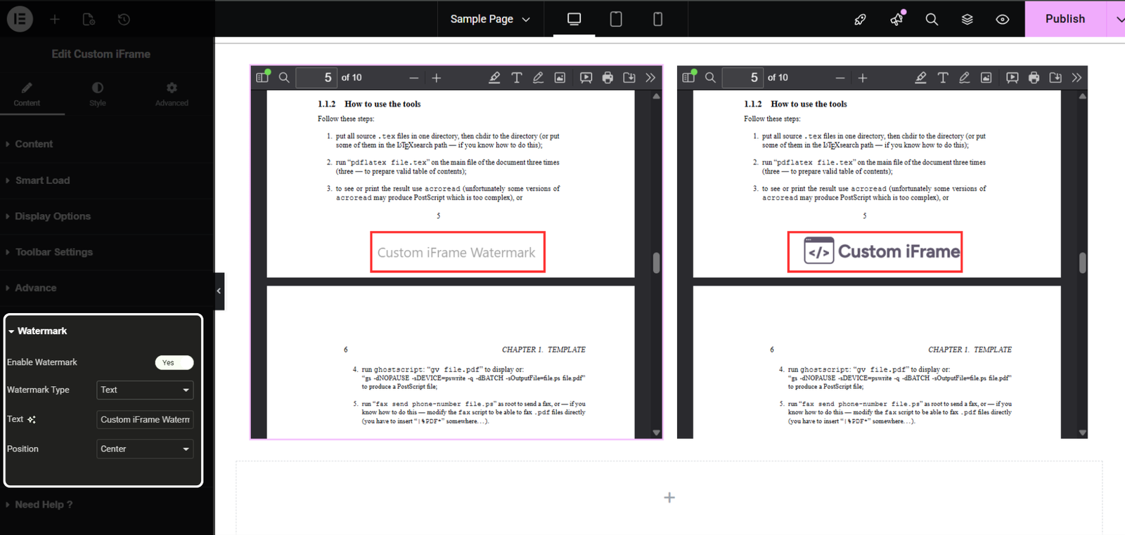 Side-by-side PDF viewer comparison in Elementor showing watermark customization using the Custom iFrame plugin, with one PDF displaying centered text watermark and the other a graphic watermark—demonstrating key features of a WordPress PDF watermark plugin for branding and content control.