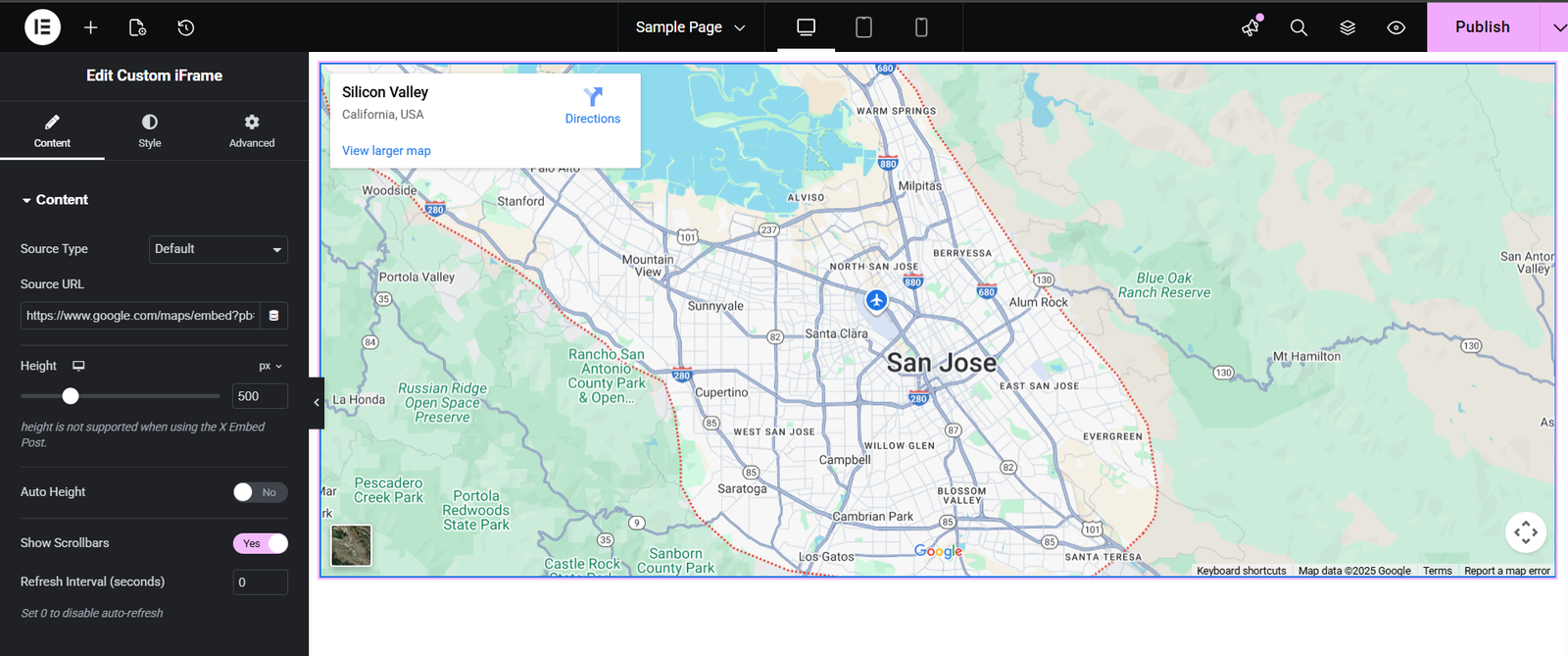 Elementor editor displaying Custom iFrame plugin settings used to embed Google Maps in WordPress, with a live map centered on Silicon Valley and configuration options like source URL, height, scrollbars, and refresh interval—showcasing seamless location integration for WordPress pages.