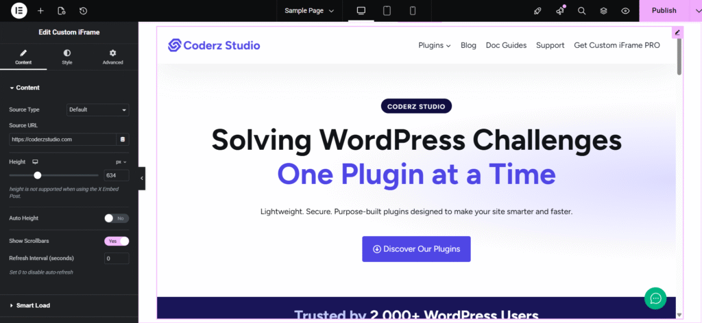 Elementor editor interface showing Custom iFrame plugin settings used to embed website in Elementor, with configuration options like source URL, height, scrollbars, and refresh interval—demonstrating how external content like Coderz Studio can be seamlessly integrated into WordPress pages.