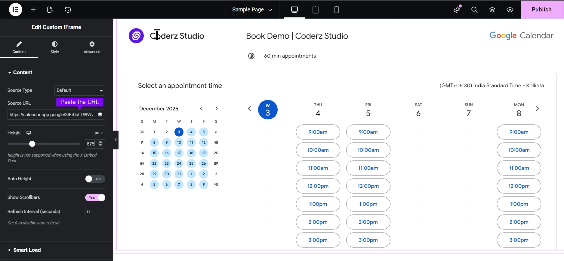 Custom iFrame editor in Elementor displaying an embedded Google Calendar interface for booking appointments with Coderz Studio, showing available time slots and configuration settings—demonstrating how to embed Google Calendar in Elementor for streamlined scheduling on WordPress sites.
