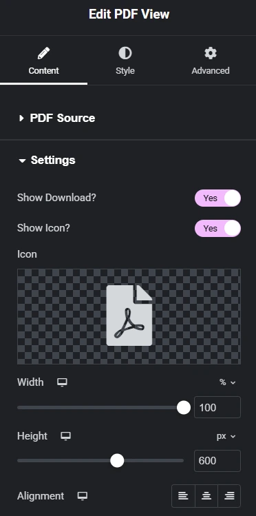 Happy Addons PDF View widget settings panel in Elementor showing options to enable download icon, adjust width and height, and set alignment—demonstrating how users can customize embedded PDF display in WordPress.