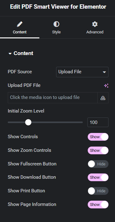 PDF Smart Viewer for Elementor plugin settings panel showing options to upload a PDF, adjust zoom level, and toggle controls like download, print, fullscreen, and page info—highlighting flexible display customization for embedded documents in WordPress.