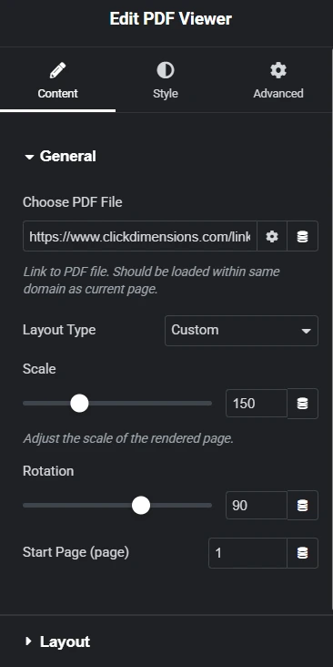 Elementor editor showing PDF viewer settings from the Unlimited Elements widget, with options to set PDF file URL, scale, rotation, and start page—illustrating customization features offered by one of the best PDF viewer plugins for Elementor.