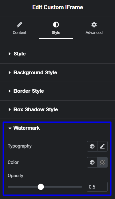 Custom iFrame style settings in Elementor showing watermark customization options including typography, color, and opacity—demonstrating how to visually refine watermark appearance when embedding content in WordPress.