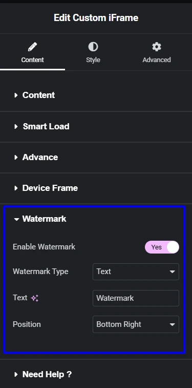 Custom iFrame settings panel in Elementor showing watermark configuration options including text type, emoji label, and bottom-right positioning—illustrating how to add watermark to embedded iFrame in Elementor for branding or content protection.